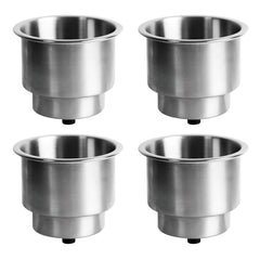 METRAXION front view of four stainless steel cup holders showing polished finish and mounting flange for durable use