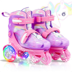 METROLLER front view of kids roller skates showing colorful fabric and secure buckles for safety