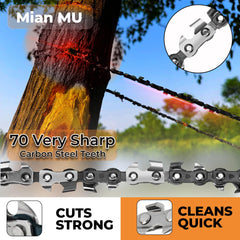 MIAN MU chain close-up showing 70 teeth and durable steel for faster cutting