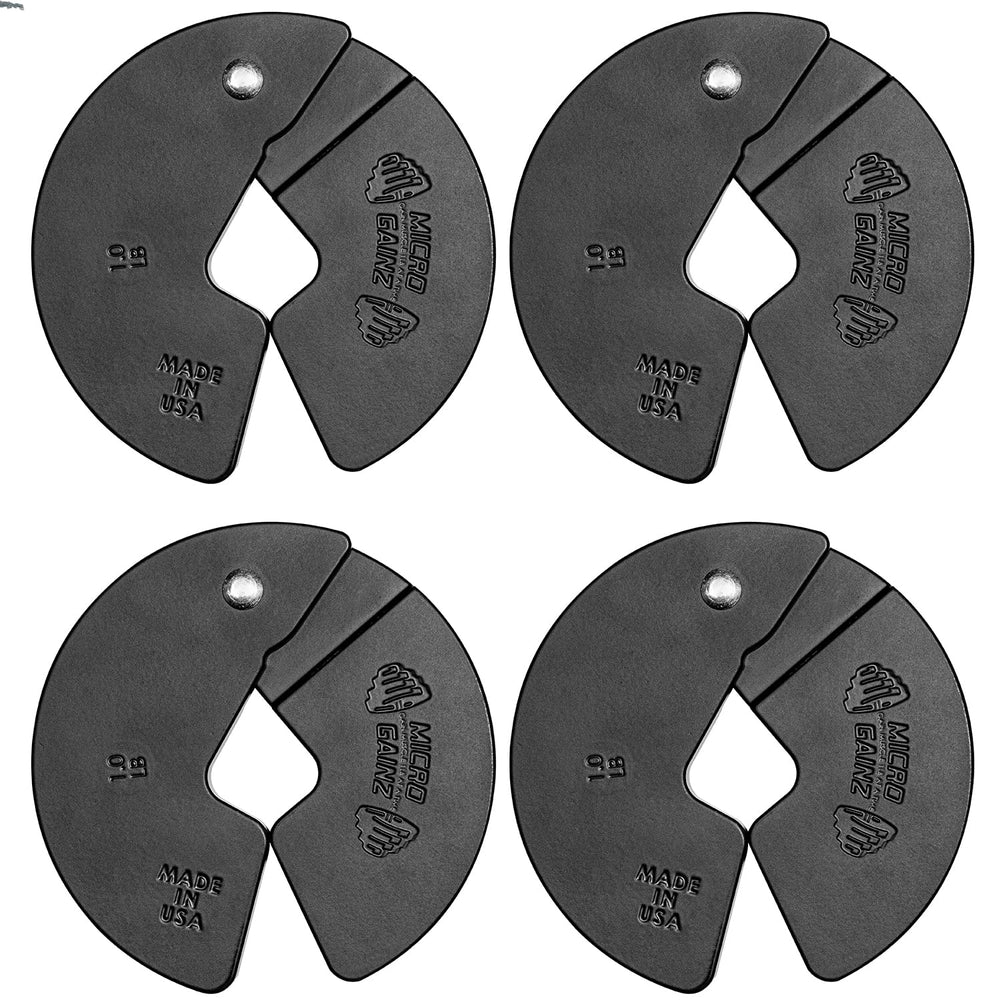 Micro Gainz front view of four 1lb plates showing compact profile and easy stacking benefit