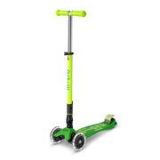 Micro front view of scooter showing stable three-wheel design and bright LED wheels