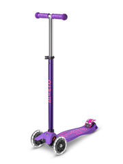 Micro Maxi LED front angle view showing compact purple frame and handlebars for safe rides
