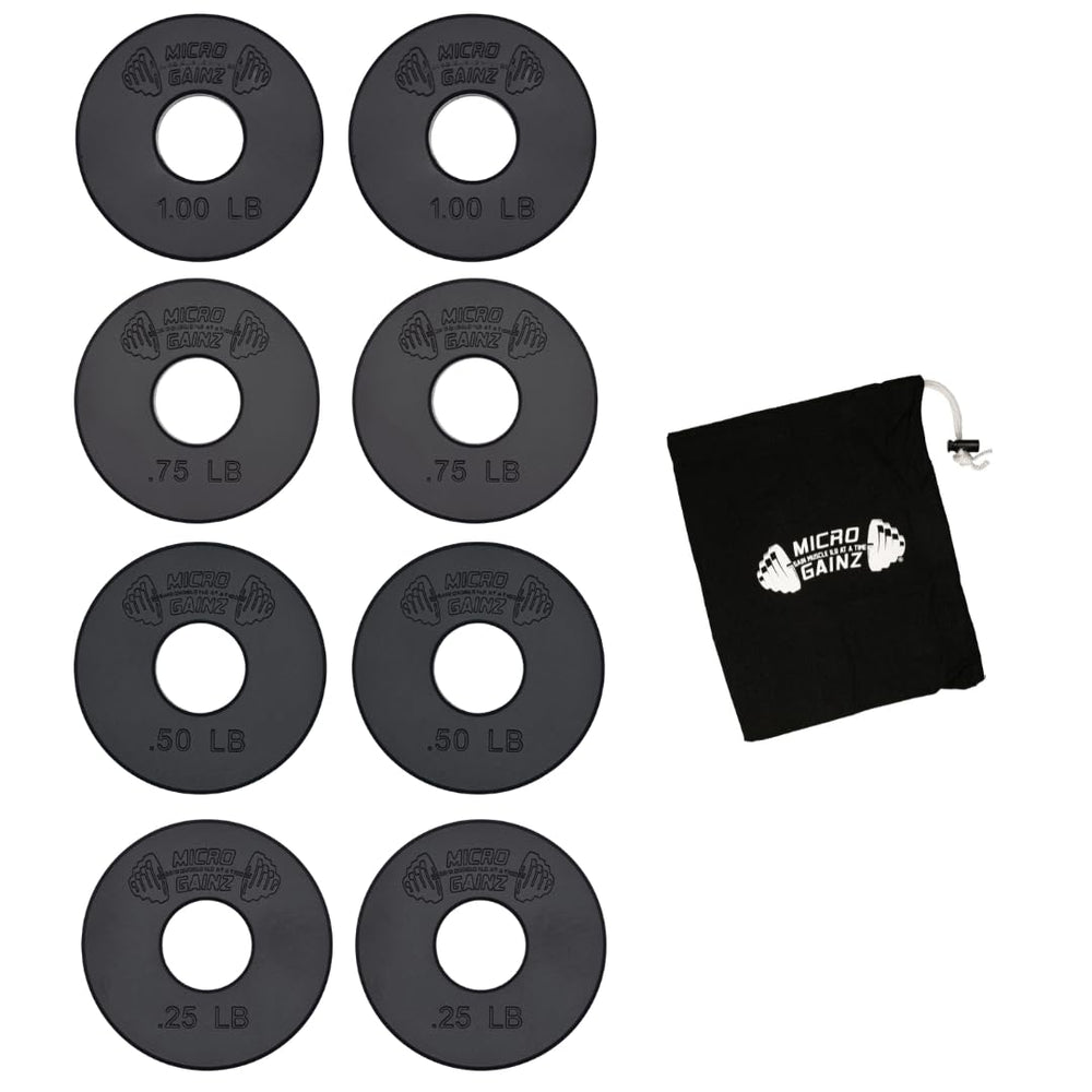 Micro Gainz front view of 8-piece set showing compact plates and bag, highlighting portability