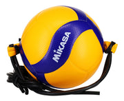 Mikasa official-size ball front view showing blue yellow panels and training benefit