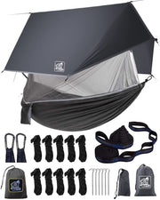 MIZTLI front view of full hammock kit showing included tarp and straps for fast setup