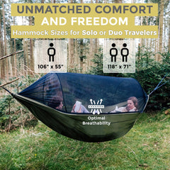 MIZTLI hammock hung at campsite demonstrating comfortable relaxation