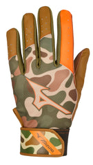 Mizuno MVP batting glove front view showing duck camo and secure strap for confident swings