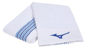 Mizuno towel front view showing full staff blue stripes and Runbird logo, clean clubs ready