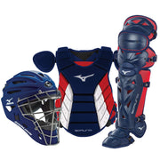 Mizuno helmet front view showing protective cage and secure fit benefit