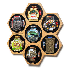 MLCLL front view of honeycomb medal hanger showing neat medal display benefit
