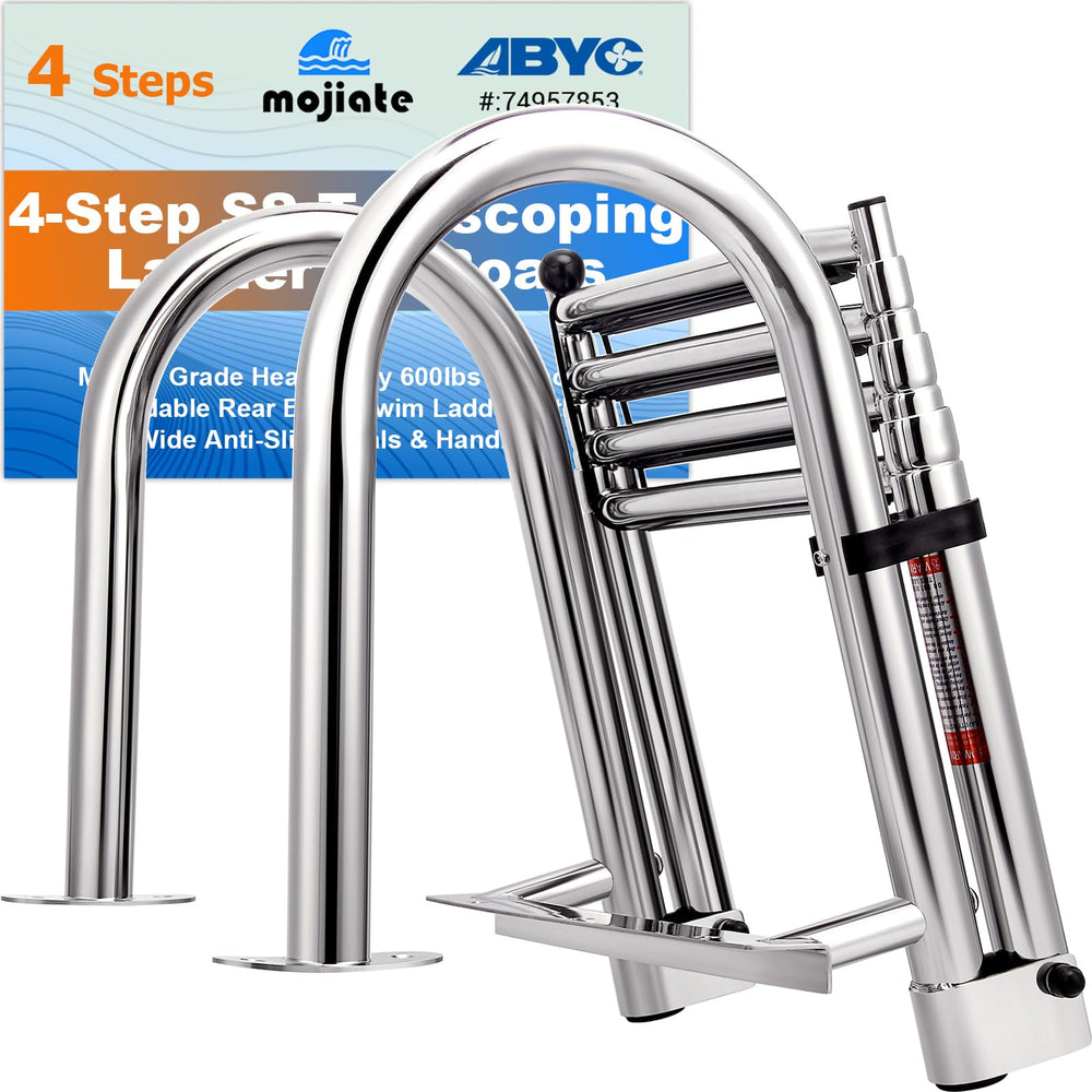 Mojiate front view of ladder showing full frame and sturdy build for secure boarding