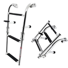 Mojiate front view of ladder showing full three-step frame and benefits