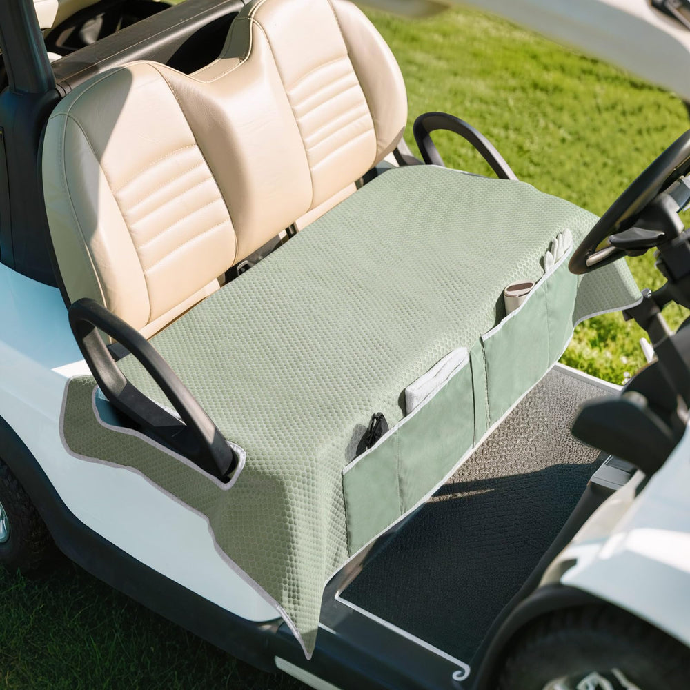 MoKo front view of green two-seat cover showing pockets and fit, adds storage convenience