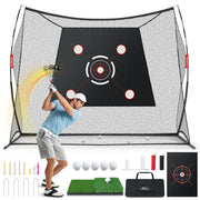 MoKo front view of 10x7 ft golf net showing full hitting area and targets for focused practice