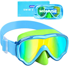 MOMUSE front view of kids goggles showing full frame and strap, clear fit benefit
