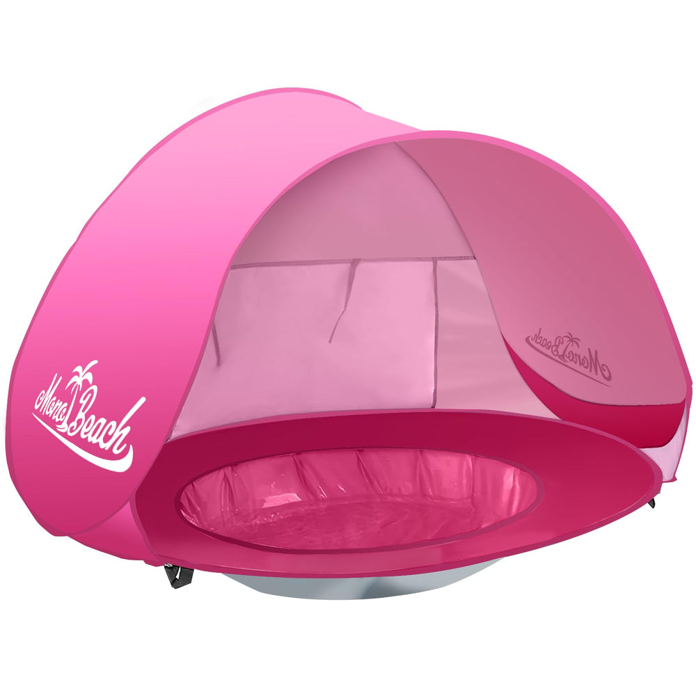 Monobeach front view of pink baby tent providing shaded play area benefit