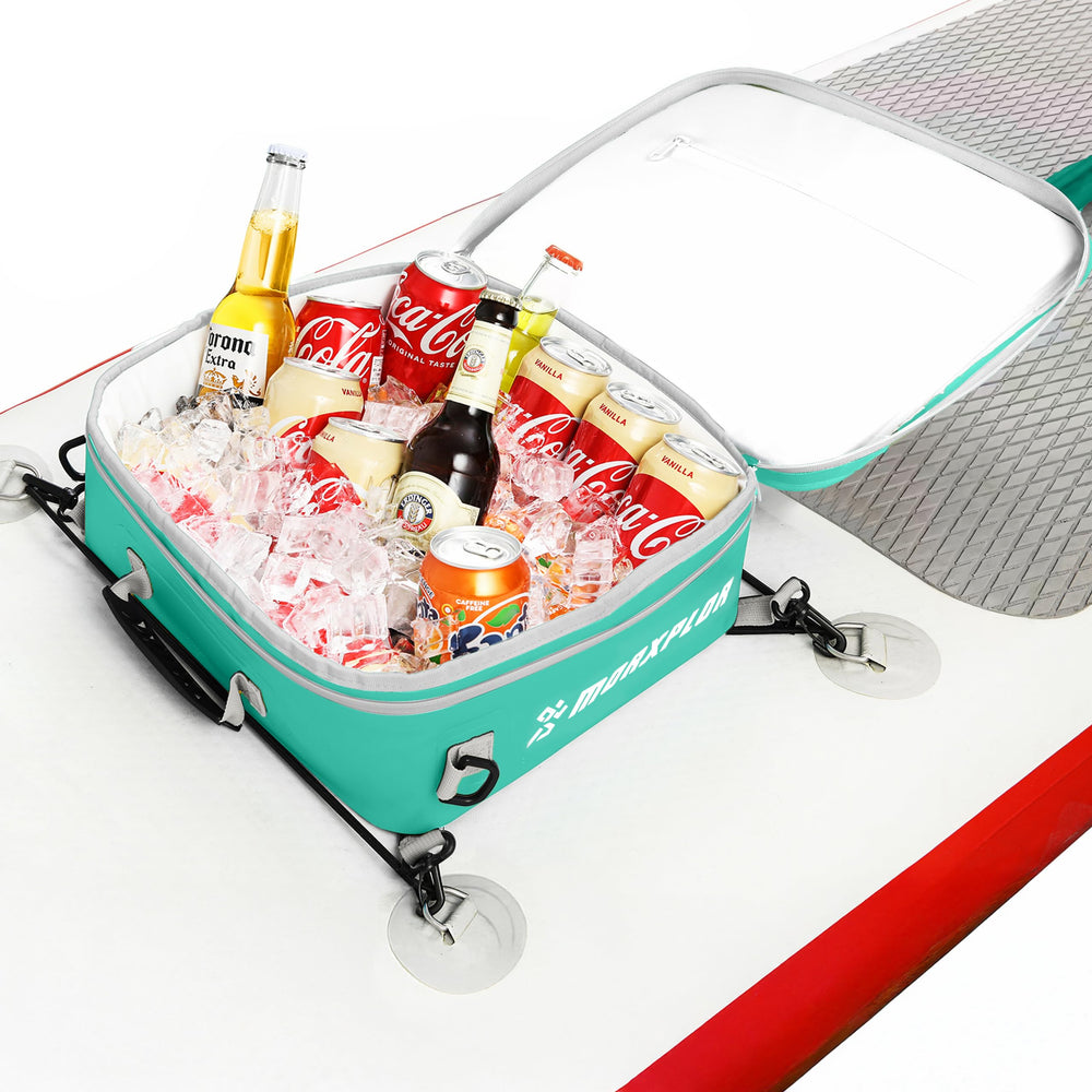 MORXPLOR cooler on SUP deck showing stable placement and easy access