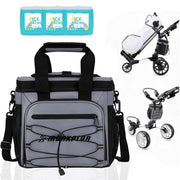 MORXPLOR cooler front view showing pockets and compact shape for course convenience