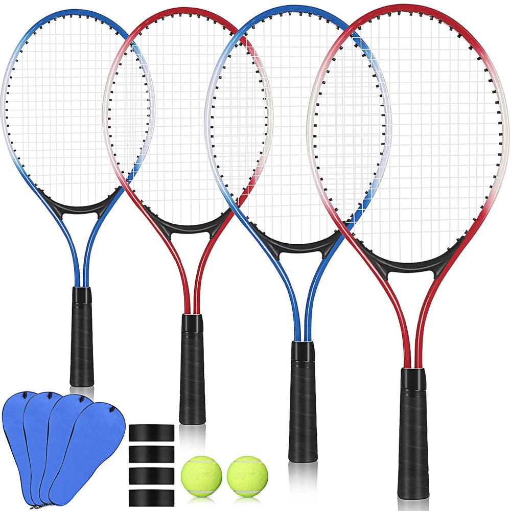 Motionchic front view of four 21-inch rackets and included balls showing complete set for casual play