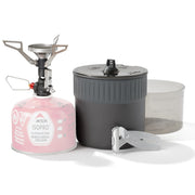 MSR PocketRocket Deluxe front view showing stove and cook set, lightweight convenience
