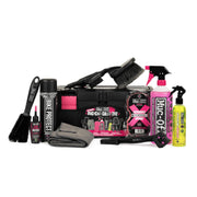 Muc-Off kit front layout showing all included cleaners and tools for full-bike care