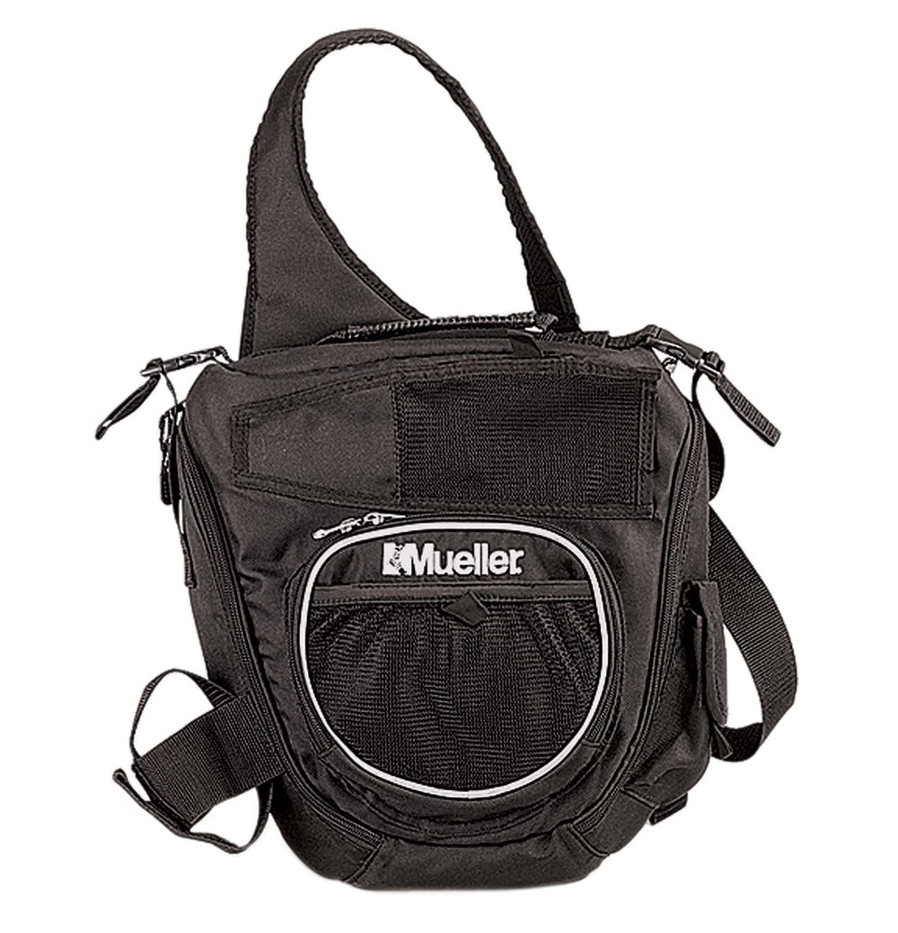 MUELLER front view of black sling bag showing compact organization and portability