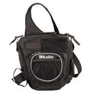 MUELLER front view of black sling bag showing compact organization and portability
