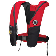 Mustang Survival front view of PFD showing red/black shell and secure fit benefit