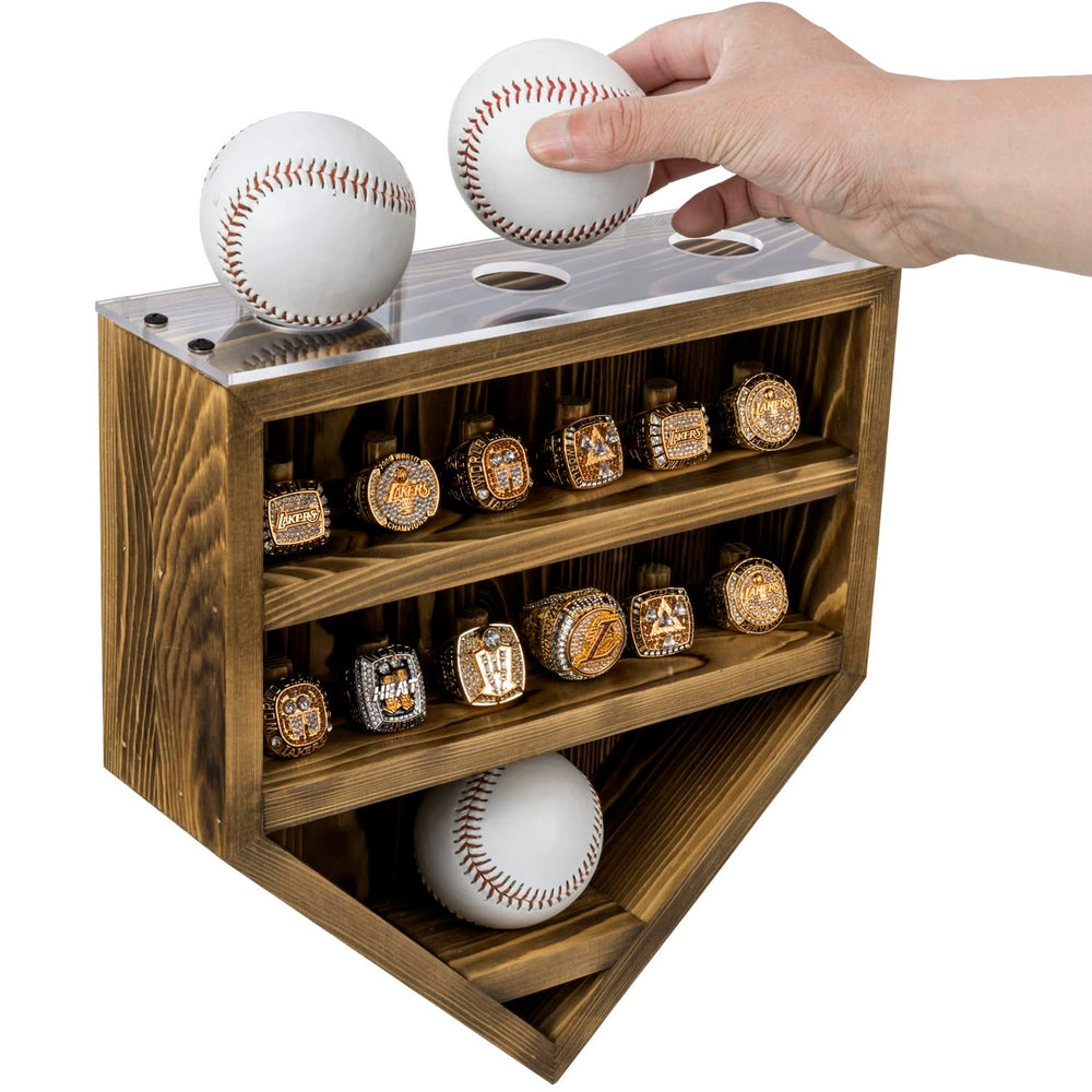 MyGift front-facing display case showing rings and balls with clear visibility and rustic appeal