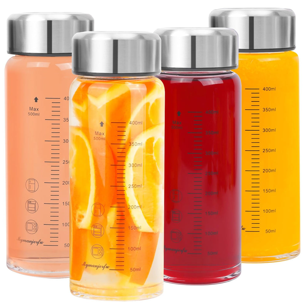 Mymanjerfu front view of four glass bottles showing labels and lids, durable storage benefit