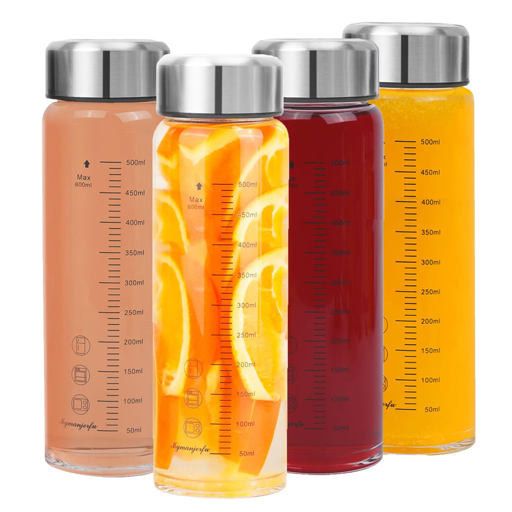 Mymanjerfu front view of four 20 oz bottles showing lids and clear glass benefit: organized storage
