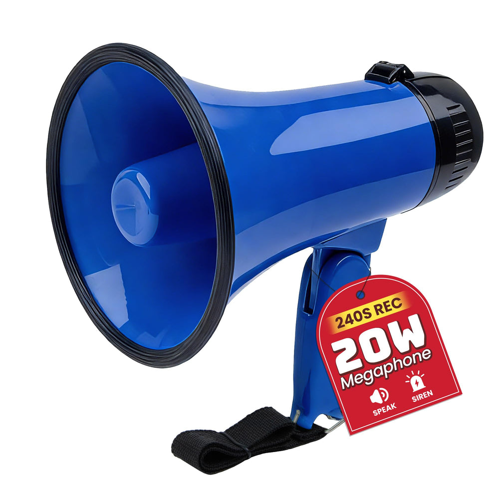 MyMealivos bullhorn front view showing bright blue body and speaker for clear projection