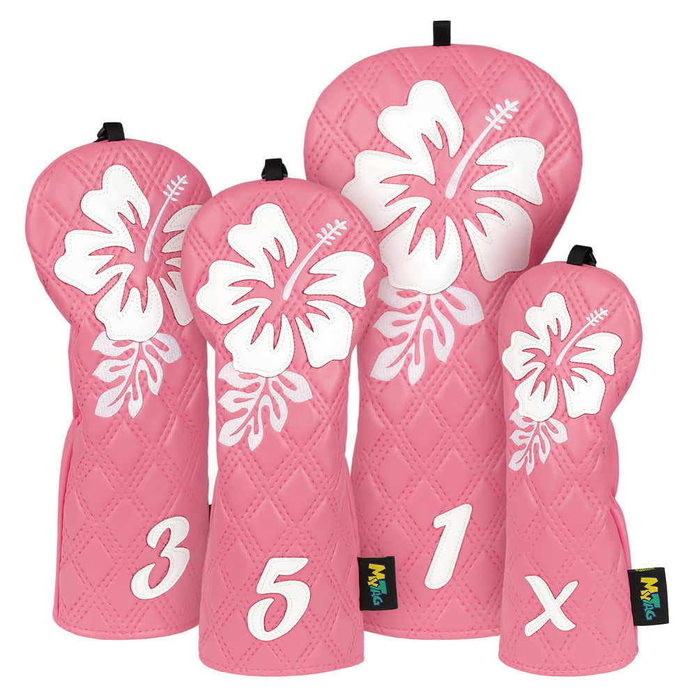 mytag front view of four pink hibiscus headcovers showing floral pattern and fit benefits