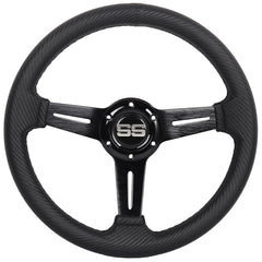 N2MU steering wheel front view showing clean black finish and ergonomic shape for comfortable control