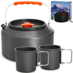 Nagpew kettle and two cups front view showing compact kit and portability