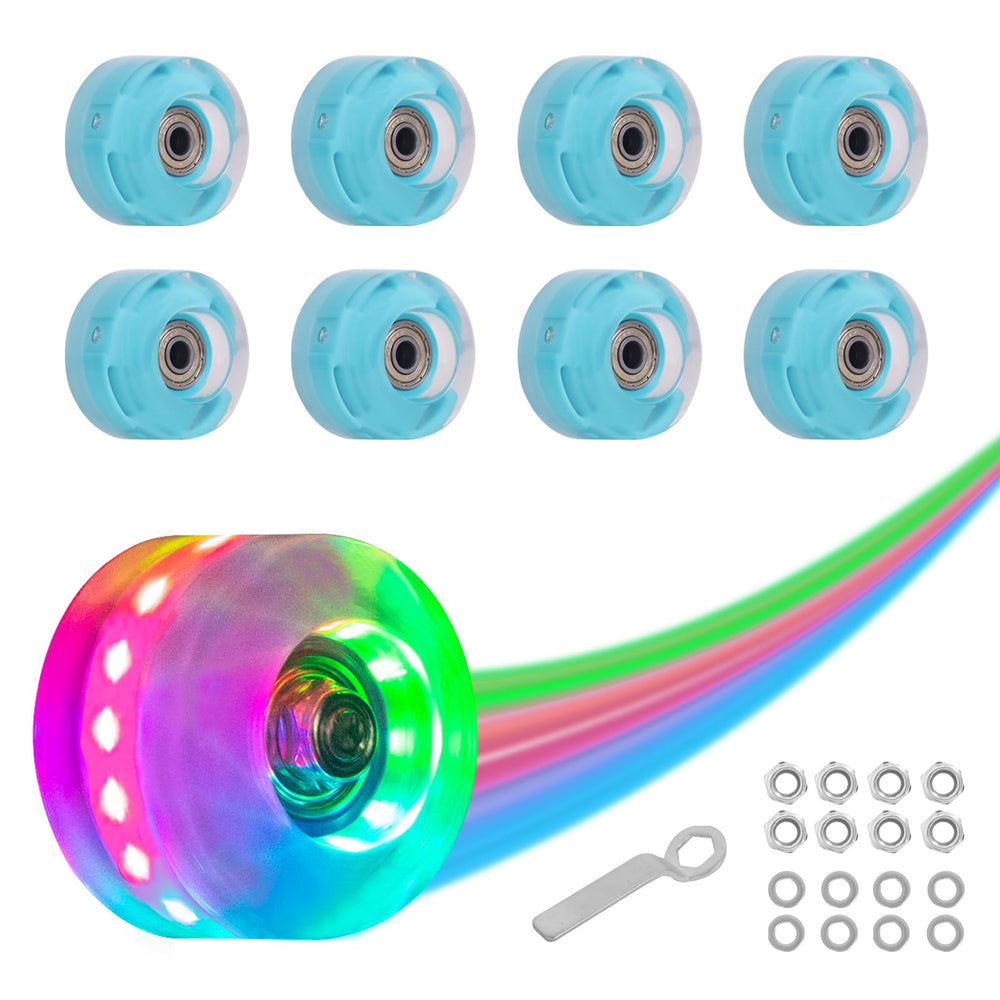 Nattork front view of teal 8-pack wheels showing included wrench and bearings for easy swaps