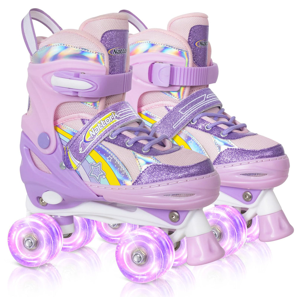 Nattork front view of rainbow quad skates showing stability and colorful design