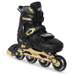 nattork front view golden racing car skates showing design and fit benefits