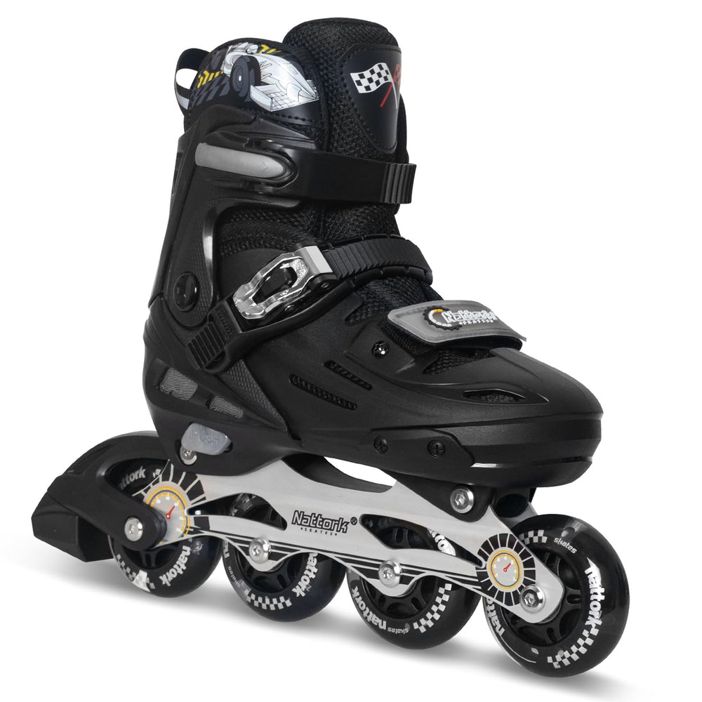 Nattork front view silver skates showing sporty racing-car design and adjustable fit benefits