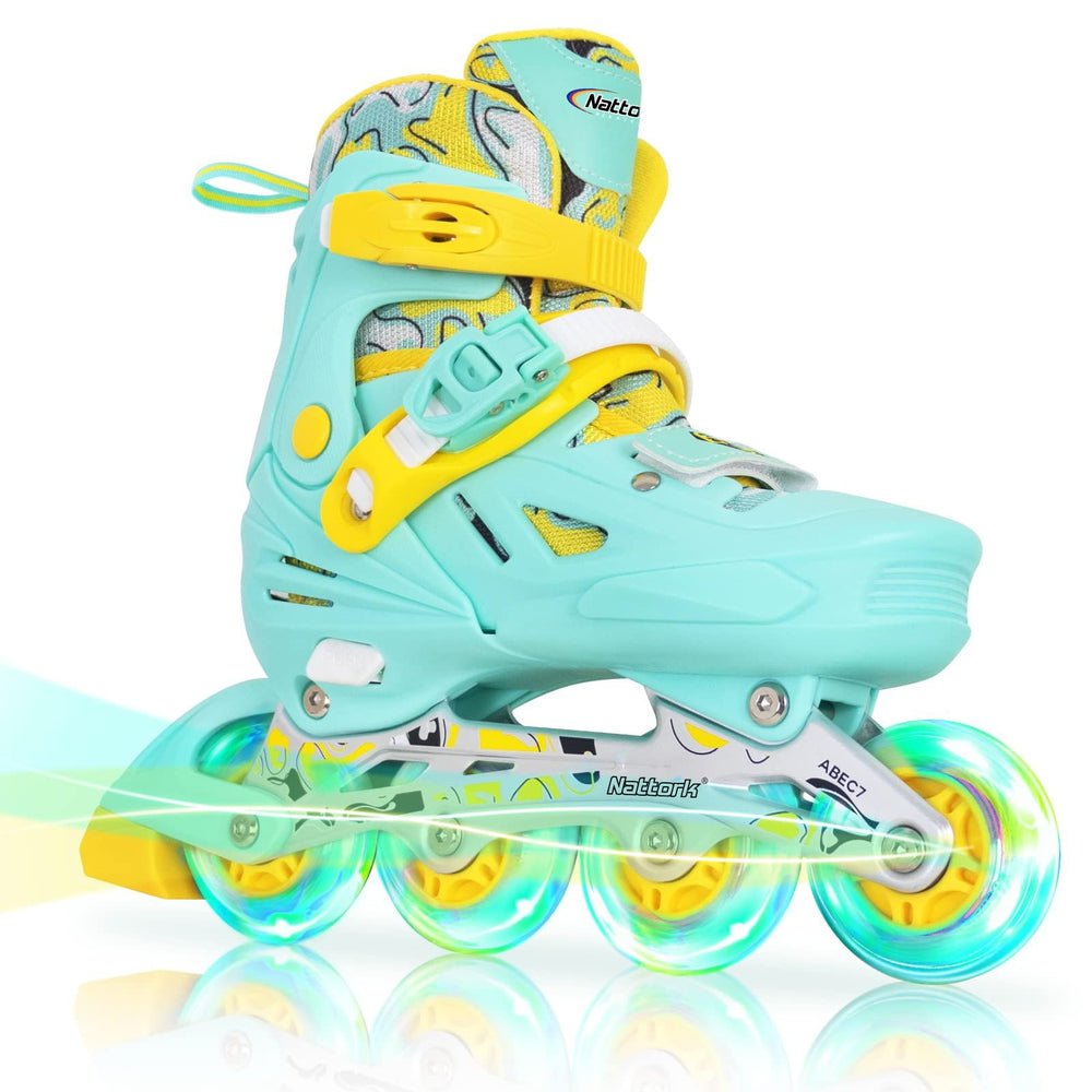 Nattork teal front view of skates showing structure and easy entry benefit
