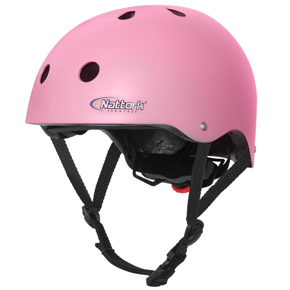 Nattork helmet front view showing pink shell and secure strap for reliable protection