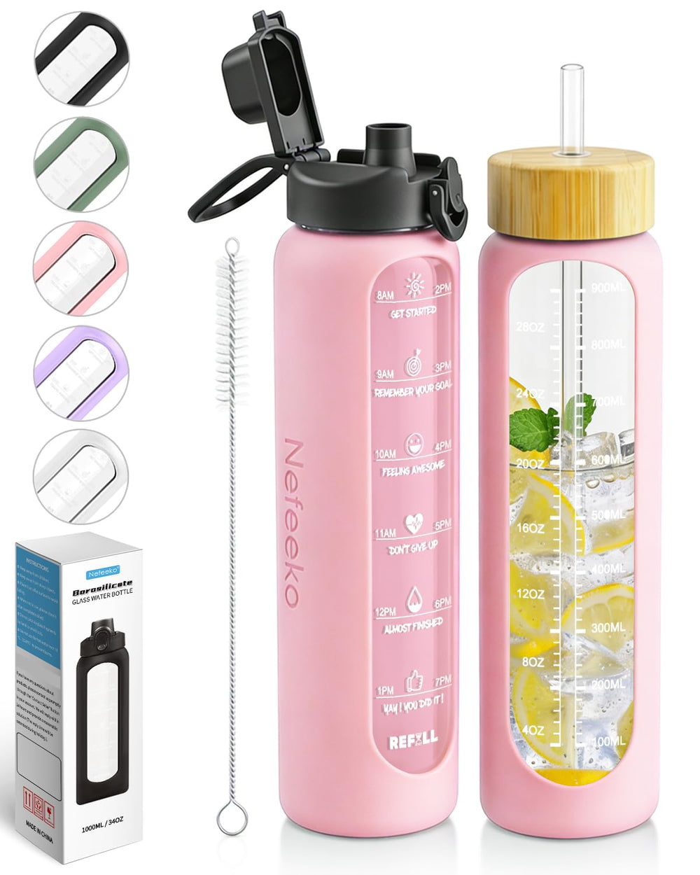 Nefeeko front view showcasing 32 oz bottle and clear time markers for easy tracking