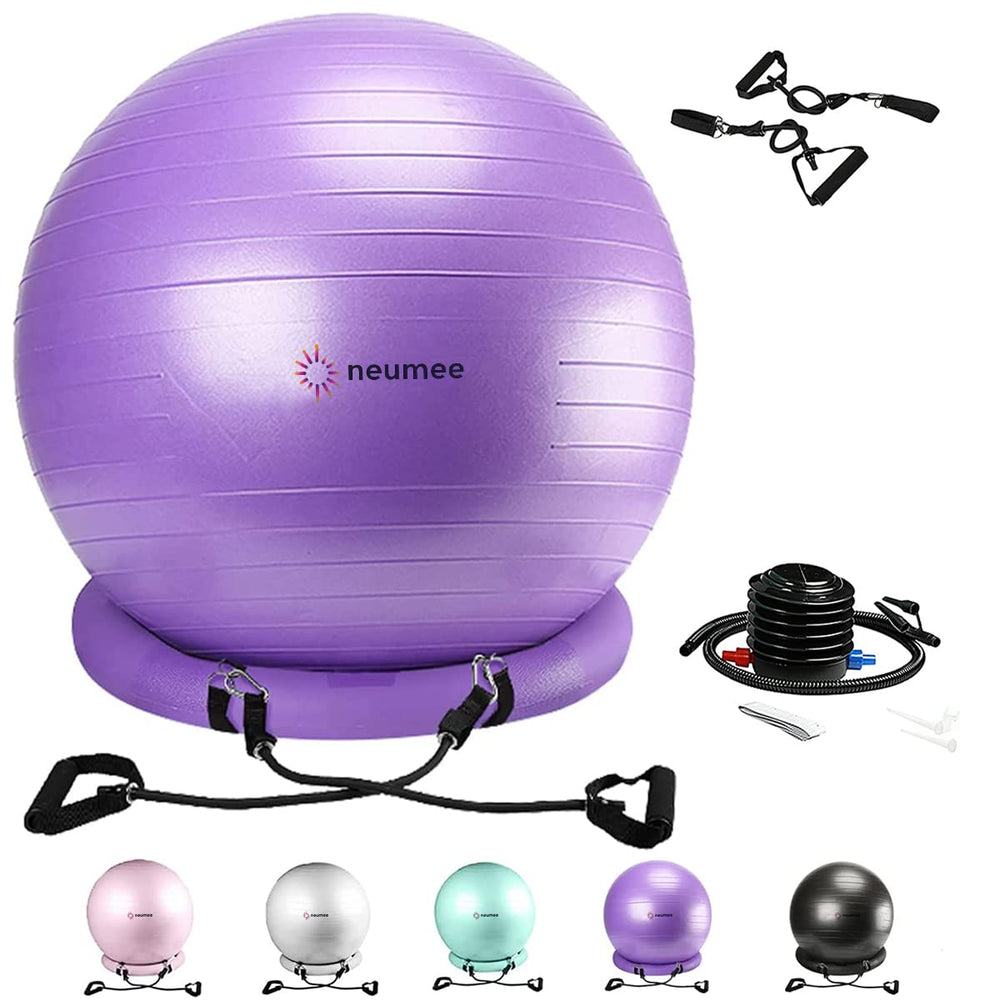 NEUMEE front view of purple ball chair showing stable base and ergonomic seat benefit