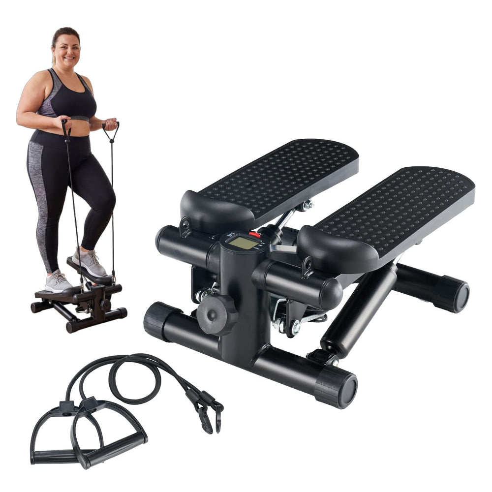 NEWBULIG stepper front view showing compact design and benefits for home cardio