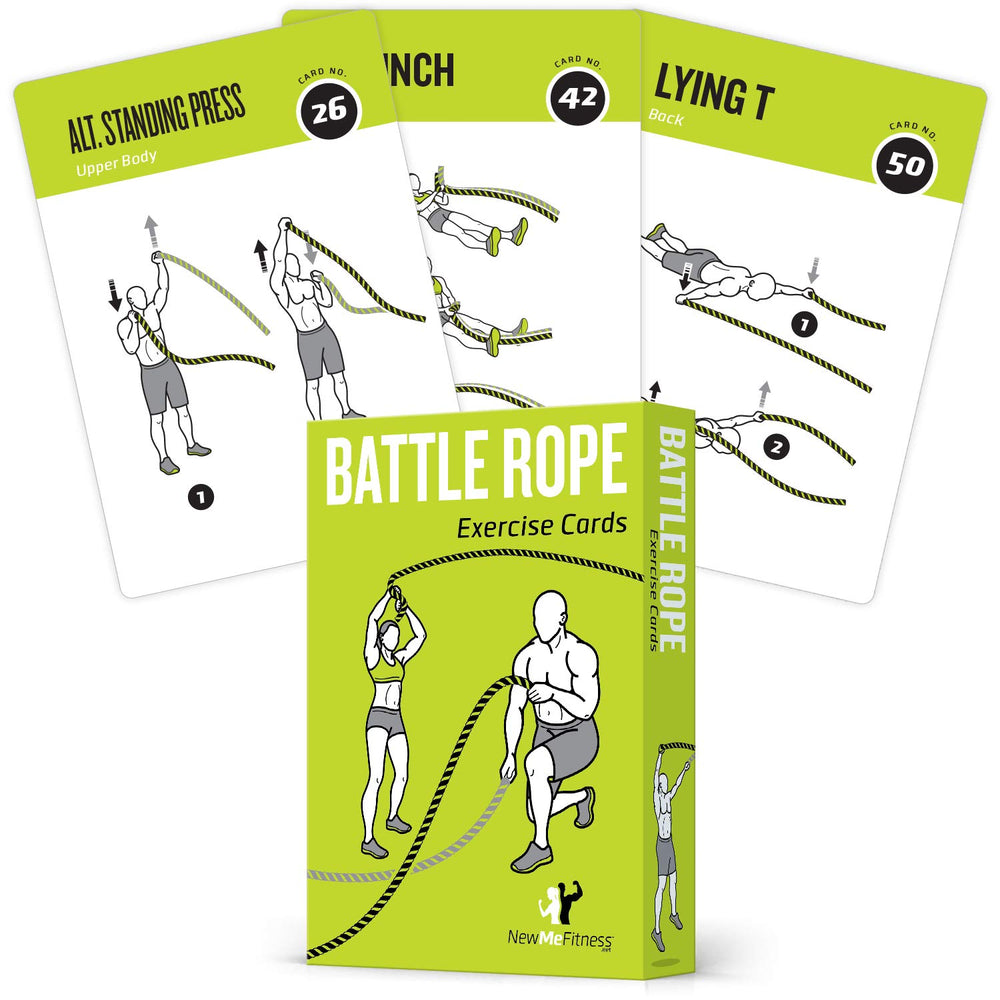 NewMe Fitness front packaging showing the 62-card deck and box, portable program benefit
