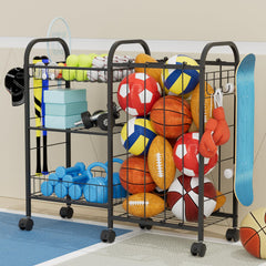 NEYCIL front view of rolling storage rack showing organized balls and compact footprint benefit