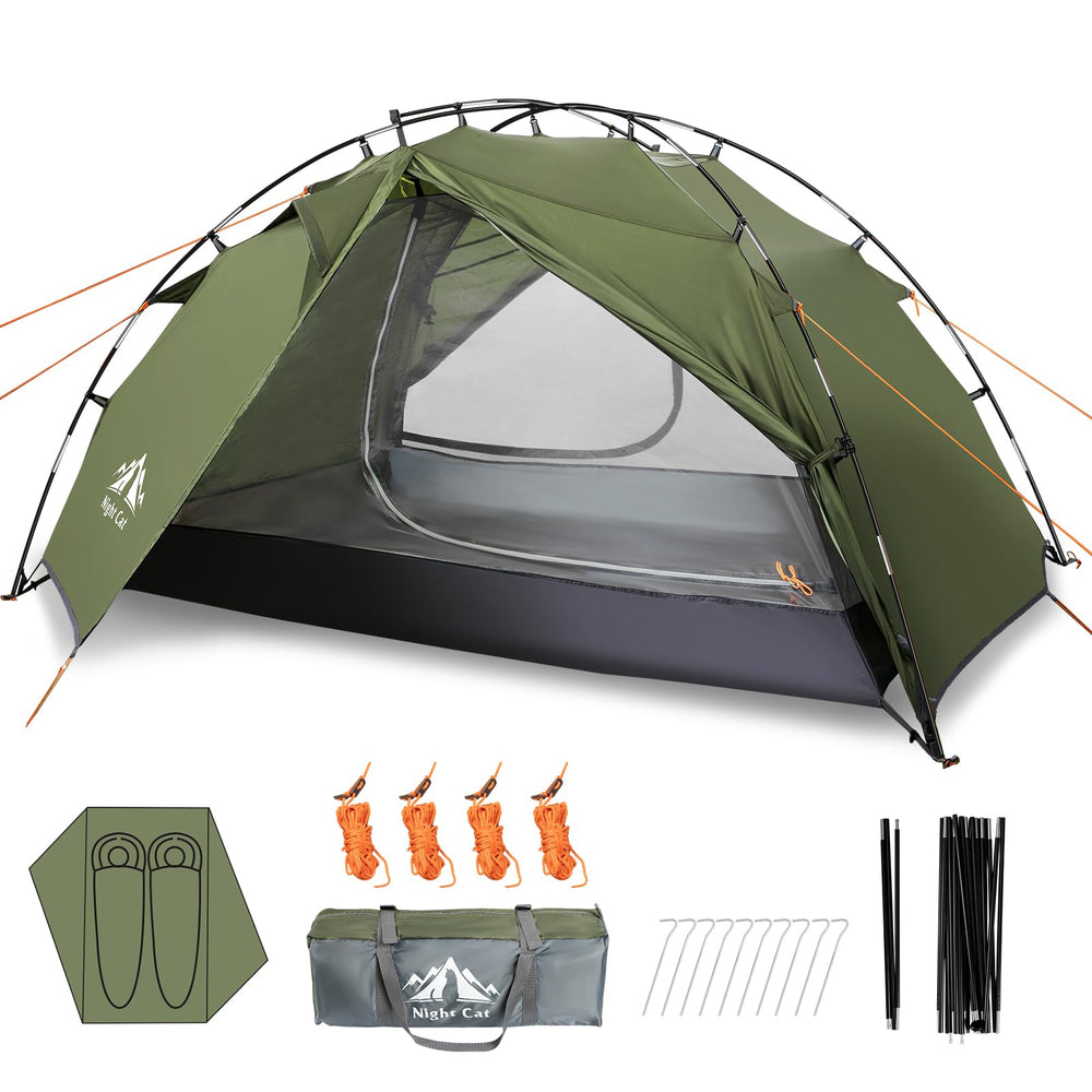 Night Cat tent front exterior showing waterproof fly and two doors for quick access