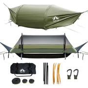 Night Cat front view of laid-flat hammock tent showing full shelter and rainfly benefit