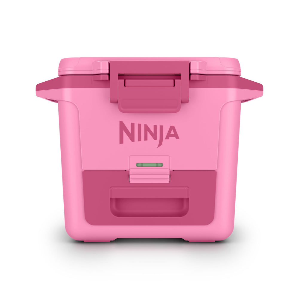 Ninja FrostVault front view showing Strawberry Rhubarb finish and secure lid benefit