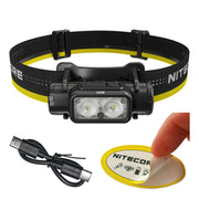 Nitecore NU53 front view showing compact headlamp and bright main LED for high-output lighting